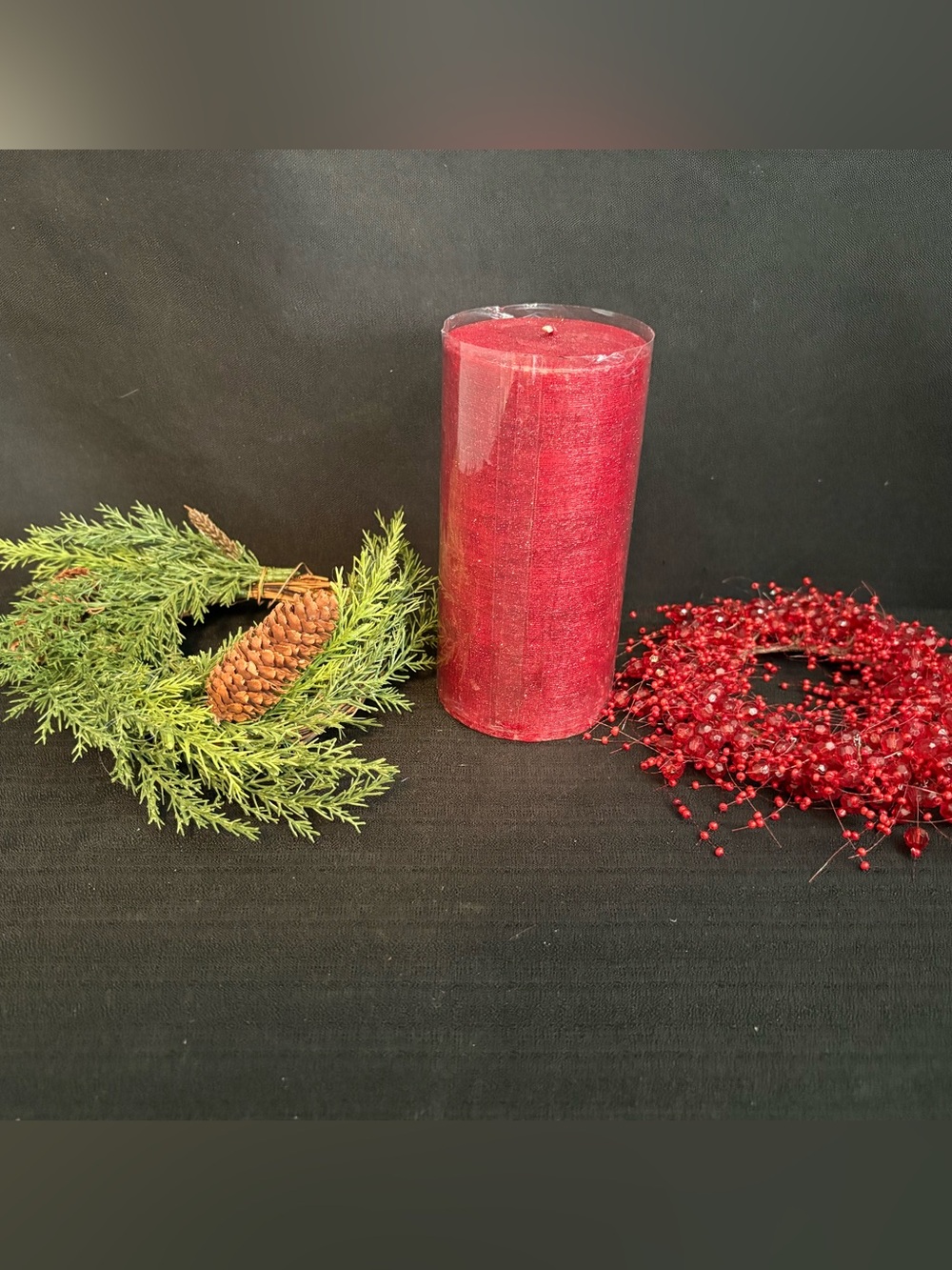Crate & Barrel Holiday Red shimmer  3"x6" Candle (NEW) & 2 candle rings